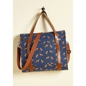 ModCloth Camp Director Tote Large Navy Blue Canvas Fox Print Messenger Bag